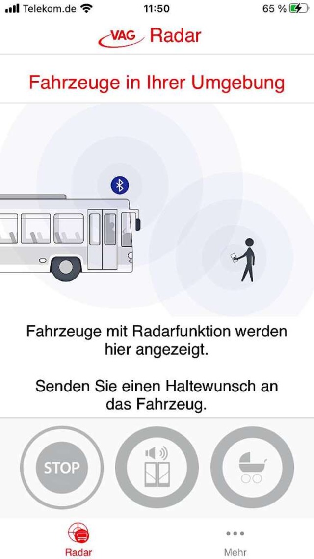 Die neue App &#8222;VAG-Radar&#8220; v...ung von Bussen und Bahnen in Freiburg.  | Foto: Screenshot: Freiburger Verkehrs-AG
