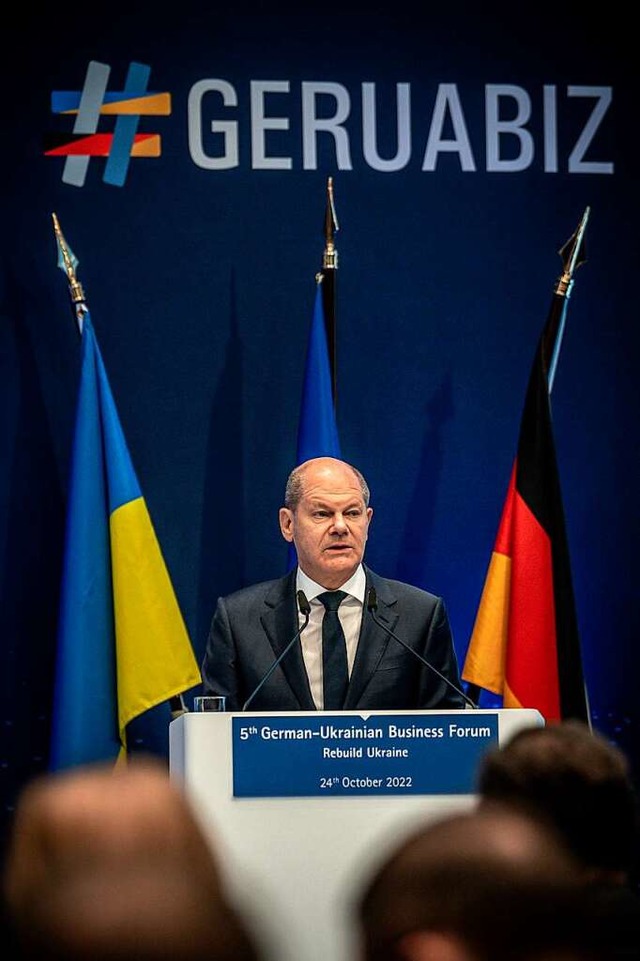 Kanzler Olaf Scholz beim Deutsch-Ukrainischen Wirtschaftsforum in Berlin  | Foto: Michael Kappeler (dpa)