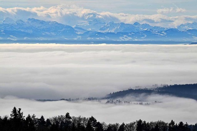 Dichter Nebel liegt ber dem Bodensee,...und sind die Schweizer Alpen zu sehen.  | Foto: Felix Kstle (dpa)