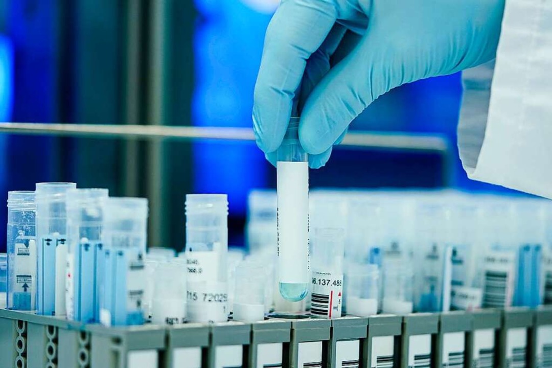 Ein Mitarbeiter hält in einem Labor ein PCR-Teströhrchen in der Hand.  | Foto: Uwe Anspach (dpa)