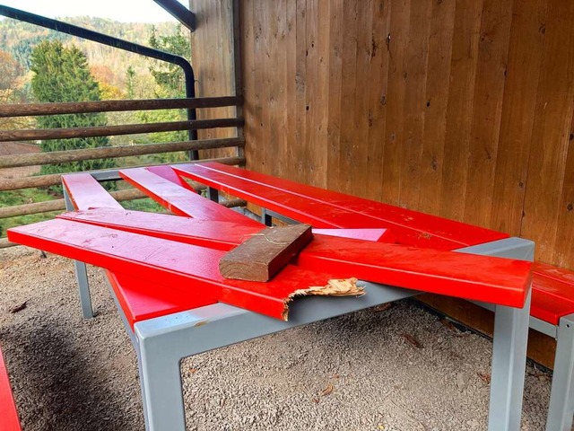 Die neuen roten Sitzbnke sollten zum ...n wurden sie von Unbekannten zerstrt.  | Foto: Sarah Trinler