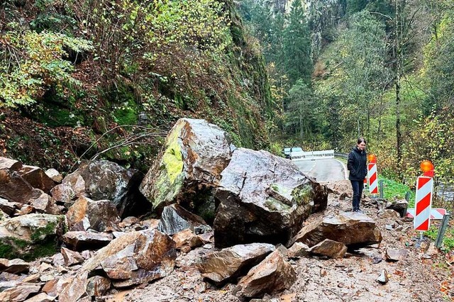 Riesige Felsbrocken versperren die Str...ne Spezialfirma hat sie heruntergeholt  | Foto: Annemarie Rsch