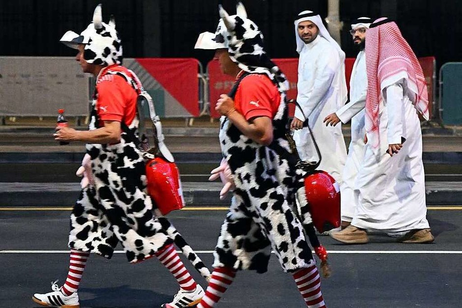 Als Kühe verkleidete Schweizer Fußballfans gehen auf der Corniche in Doha an Katarern vorbei. (Foto: Federico Gambarini (dpa))