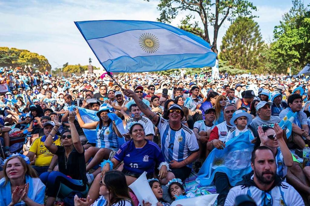 Ein argentinischer Fan schwenkt eine N...einer Leinwand in einem Park verfolgt.  | Foto: Victor R. Caivano (dpa)
