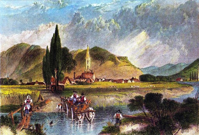 Die historische Darstellung der Dreisa...m Hintergrund Mnster und Schlossberg.  | Foto: Wikipedia Commons
