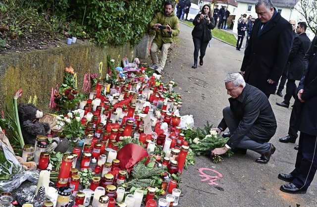 Baden-Wrttembergs Innenminister Strob...chberg Blumen und Tannenzweige nieder.  | Foto: Bernd Weibrod (dpa)