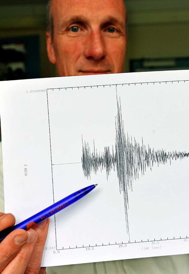 Stefan Stange vom Landesamt fr Geolog...k in der Morgenstunde im Seismogramm.   | Foto: A2070 Rolf Haid