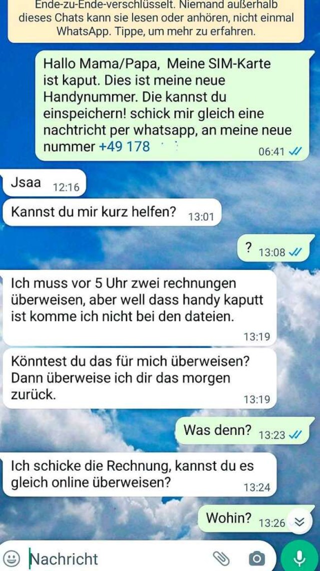 So oder hnlich beginnen WhatsApp-Betrugsversuche (Symbolfoto)  | Foto: Michael Strter