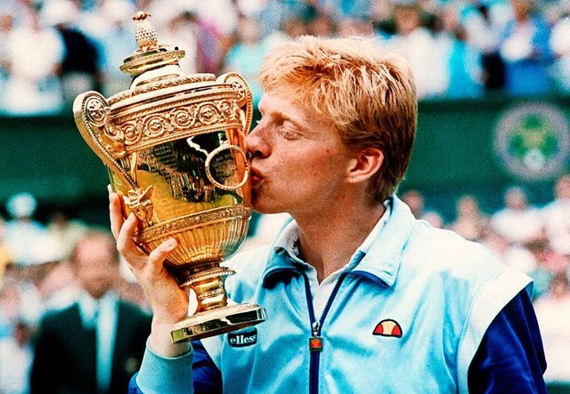 Der 18-jhrige Boris Becker bei seinem...ten Sieg im Tennistunier in Wimbledon.  | Foto: Wolfgang Eilmes (dpa)