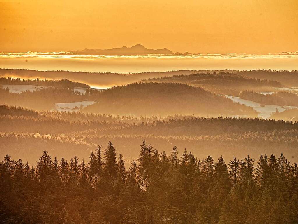 Kurz vor dem Sonnenaufgang konnte Thorolf  Clemens den orangleuchtenden Himmel am Kandel einfangen.  Der geniale Blick bis zu den Alpen habe sein Herz hher schlagen lassen, schreibt er dazu.