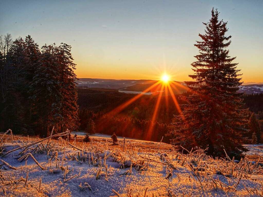 Denn Sonnenaufgang hat auf dem Kandel Thorolf Clemens abgepasst, bei eisigen Temperaturen. Das Warten hat sich gelohnt bei einem sich Orange frbenden Horizont und einem Blick bis in die Alpen.