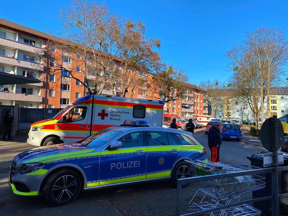 Vor dem Gebäude im Zehntsteinweg versa...en der Polizei auch Dutzende Anwohner,  | Foto: Anika Maldacker