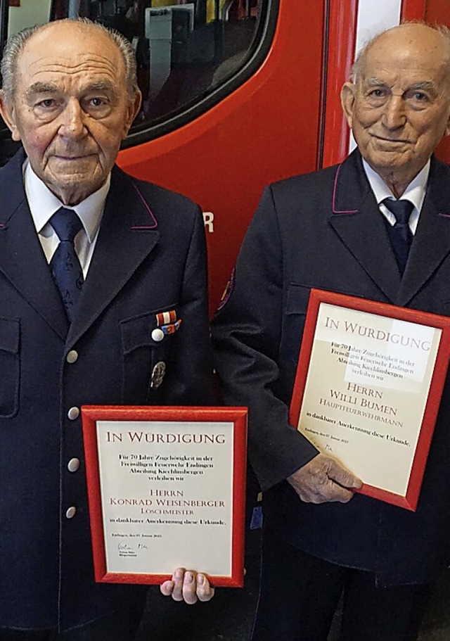 Konrad Weisenberger (l.) und Willi Bum... der Kiechlinsberger Feuerwehr geehrt.  | Foto: Feuerwehr Kiechlinsbergen