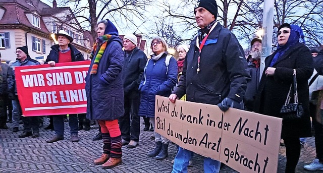 Mit Transparenten warteten die Demonstranten vor der Stadthalle.   | Foto: Kathrin Ganter