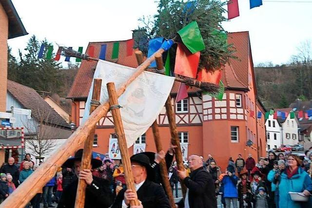 Fotos: Zwulcher Narrenzunft stellt Narrenbaum vor Merdinger Rathaus