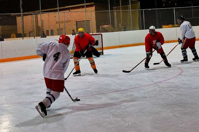 Beim Eishockey-Spiel legten sich die M...haften der Stadtverwaltungen ins Zeug.  | Foto: Heinz und Monika Vollmar