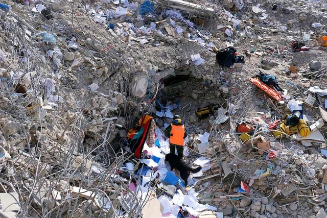 Antakya: Ein Mann geht mit seinem Hund...rlebende unter den Trmmern zu finden.  | Foto: - (dpa)