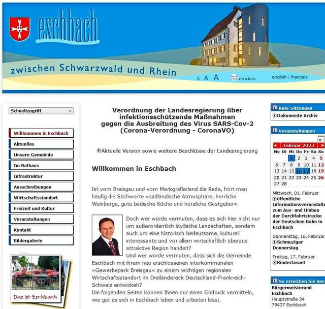 Die Startseite des derzeitigen Internetauftritts von Eschbach  | Foto: bz