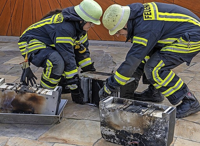 Feuerwehrleute mit den gelschten Solarstrom-Akkus  | Foto: Annette Lipowsky/Stadt Kehl