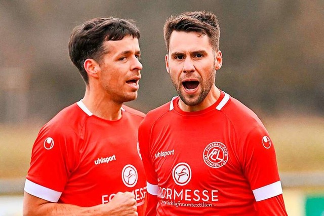 Marco Kopp (r.) jubelt ber seinen Treffer zum 1:0 fr den FC Lffingen.  | Foto: Wolfgang Scheu