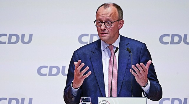 Friedrich Merz bei seiner Rede auf der Regionalkonferenz in Pforzheim  | Foto: Bernd Weibrod (dpa)