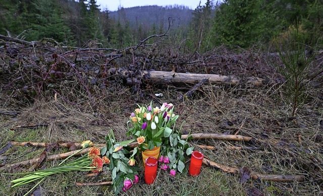 Ort des Gedenkens im Wald: Blumen stehen am Fundort der getteten Luise.   | Foto: Roberto Pfeil (dpa)