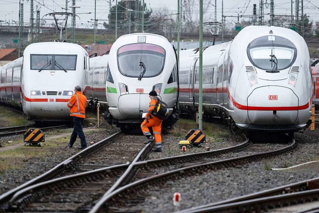 Züge der Deutschen Bahn stehen auf ein...ächendeckenden Streiks betroffen sein.  | Foto: Boris Roessler (dpa)