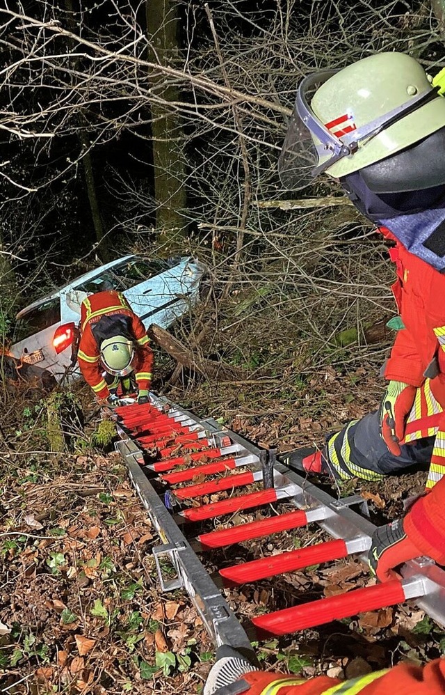 Mit einer Leiter suchten die Feuerwehrleute Kontakt zu den Autoinsassen.  | Foto: Feuerwehr Laufenburg