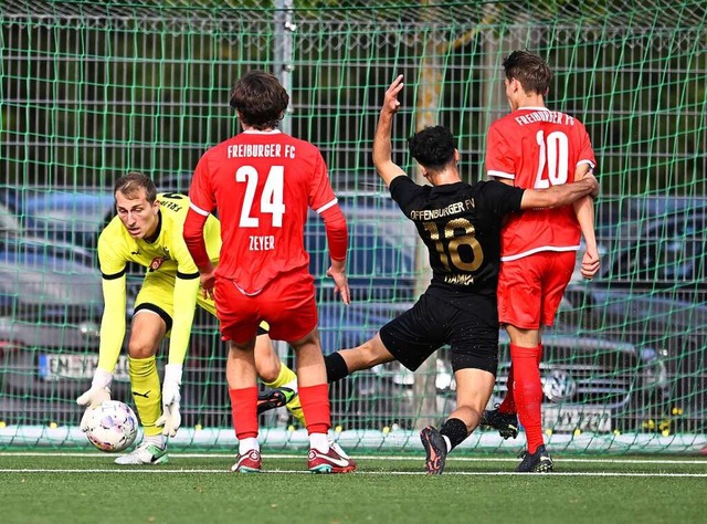 FFC-Keeper David Bergmann (links) muss...n erneut viermal hinter sich greifen.   | Foto: Achim Keller