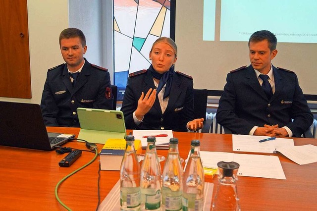 Die Feuerwehrleute Dominik Baltes, Lou...rkung von Badenweilers  Feuerwehr vor.  | Foto: Silke Hartenstein