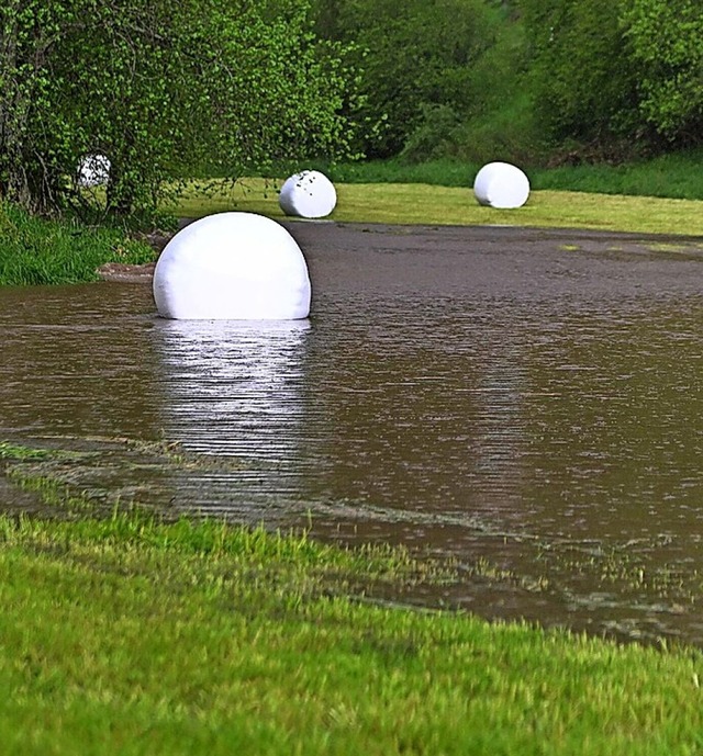 Rundballen mit Futter im Wasser.  | Foto: Wolfgang Scheu