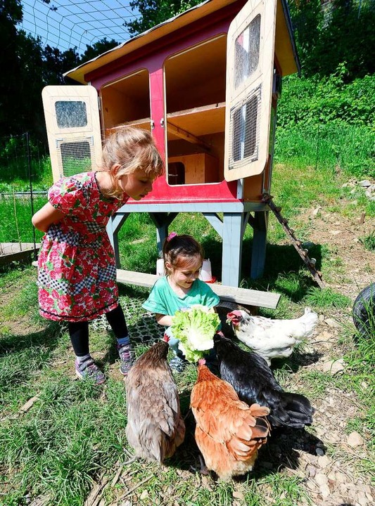 Mathilda (links) und Manouk, beide 6 Jahre alt, füttern die Hühner.  | Foto: Ingo Schneider