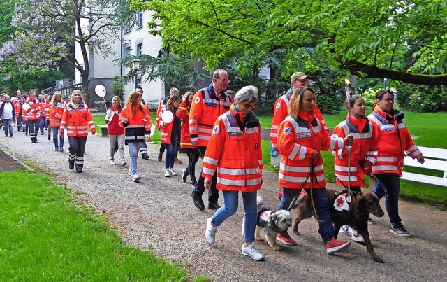 Die lange Rot-Kreuz-Karawane im Bad Sckinger Schlosspark auf dem Weg zum Rhein   | Foto: Marianne Bader