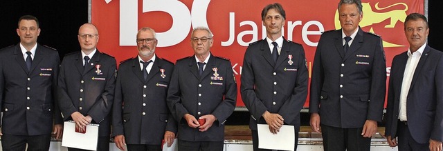 Ehrungen des Landes (von links): Flori...ndmeister) Brgermeister Volker Kieber  | Foto: Christoph Sutter (Feuerwehr)