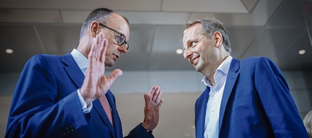 CDU-Chef Friedrich Merz gratuliert dem erfolgreichen Klger Thomas Heilmann.  | Foto: Kay Nietfeld (dpa)