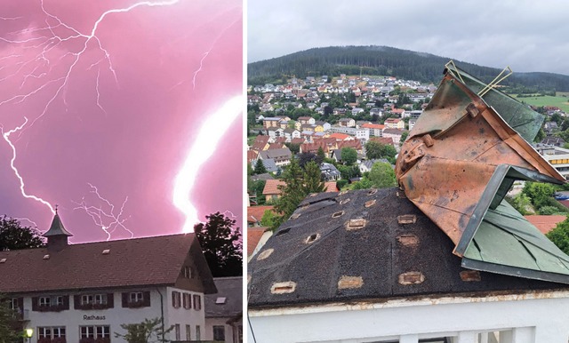 Ein heftiger Blitz erleuchtet am Diens...rum muss das Kirchendach dran glauben.  | Foto: evangelische Kirchengemeinde