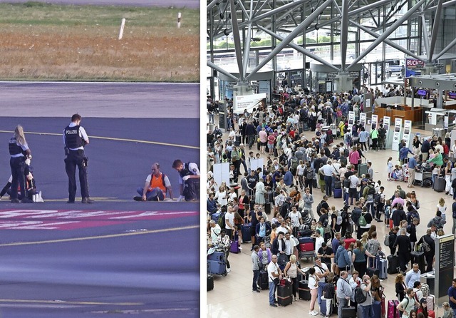 Aktivisten  klebten sich auf dem Dsse...urg (rechts) wurden 50 Flge abgesagt. 