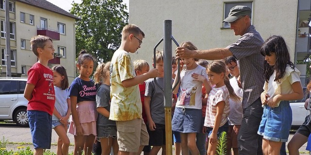 Die Klasse 2a hilft beim Verankern des...vor der Karl-Tschamber-Schule hinweist  | Foto: Herbert Frey