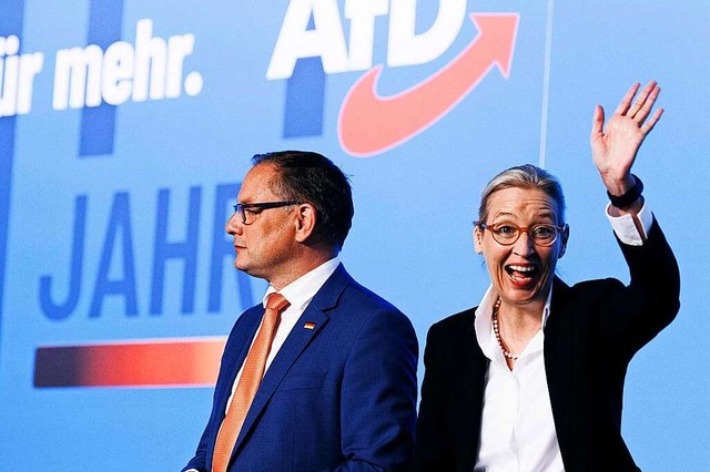 Alice Weidel und Tino Chrupalla auf dem Bundesparteitag in Magdeburg  | Foto: Carsten Koall (dpa)