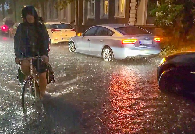 Ein Fahrradfahrer am Donnerstagabend in Freiburg  | Foto: - (dpa)