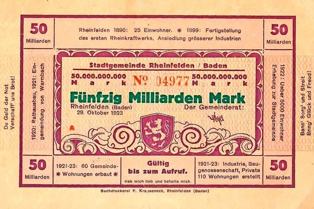 50 Milliarden Mark: Im Jahr 1923 lie ...dt Rheinfelden Notgeldscheine drucken.  | Foto: Stadtarchiv Rheinfelden (Baden)