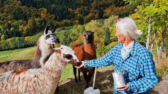 Vielseitiger Nutzen der Lamas: Brigitte Bhni verwendet auch die Wolle.  | Foto: Gerald Nill