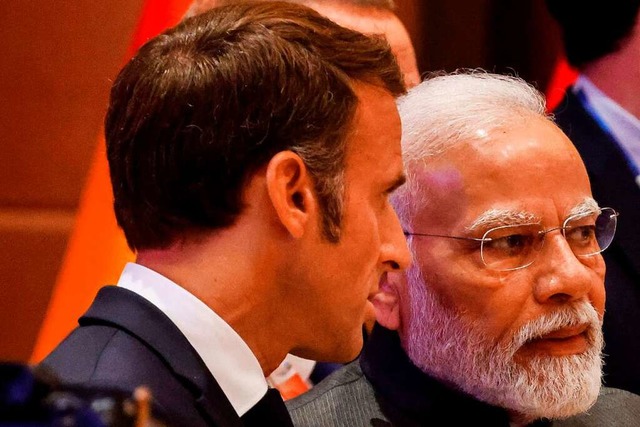 Frankreichs Prsident Macron und Indie...ier Modi beim G20-Gipfel in Neu Delhi.  | Foto: LUDOVIC MARIN (AFP)