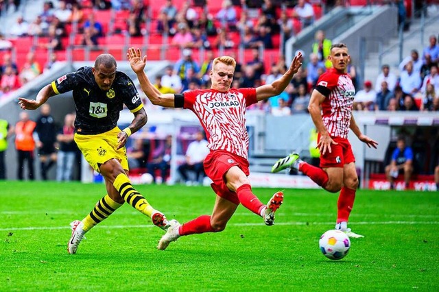 Dortmunds Donyell Malen (l) trifft zum...stein knnen das Tor nicht verhindern.  | Foto: Tom Weller (dpa)