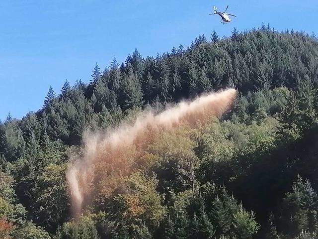 Eine Ladung Kalk lsst der Helikopterp...inem Waldhang bei Lautenbach abregnen.  | Foto: Winfried Kninger