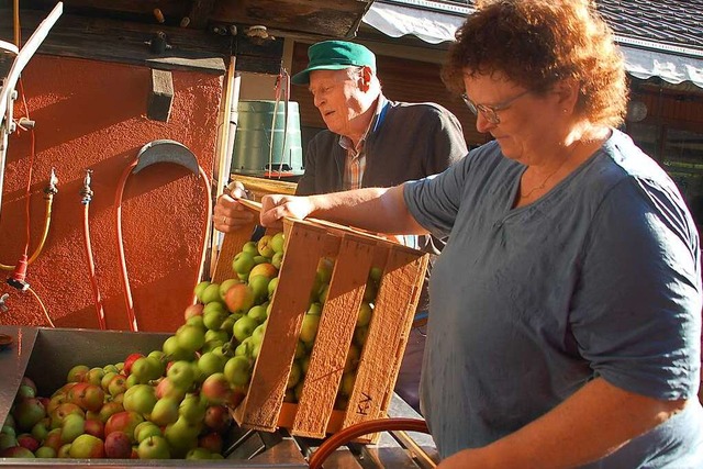 Marion Wenk nimmt in der Brennerei in ...as Mostobst von Kurt Vollmer entgegen.  | Foto: Petra Wunderle