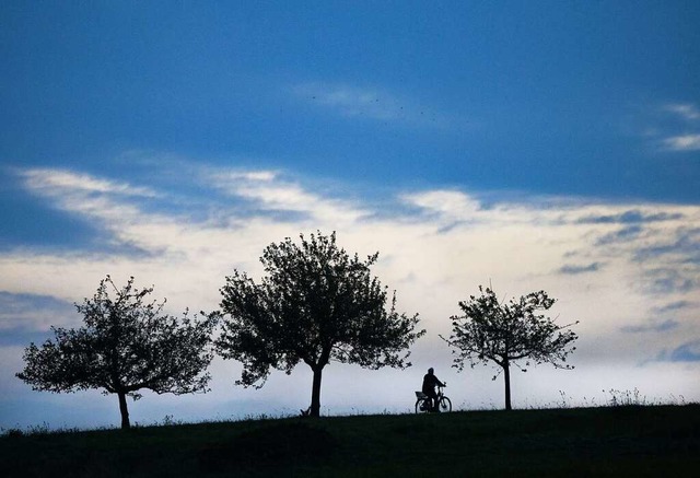 Uttenweiler: Eine Radfahrerin ist am Morgen kurz vor Sonnenaufgang unterwegs.  | Foto: Thomas Warnack (dpa)