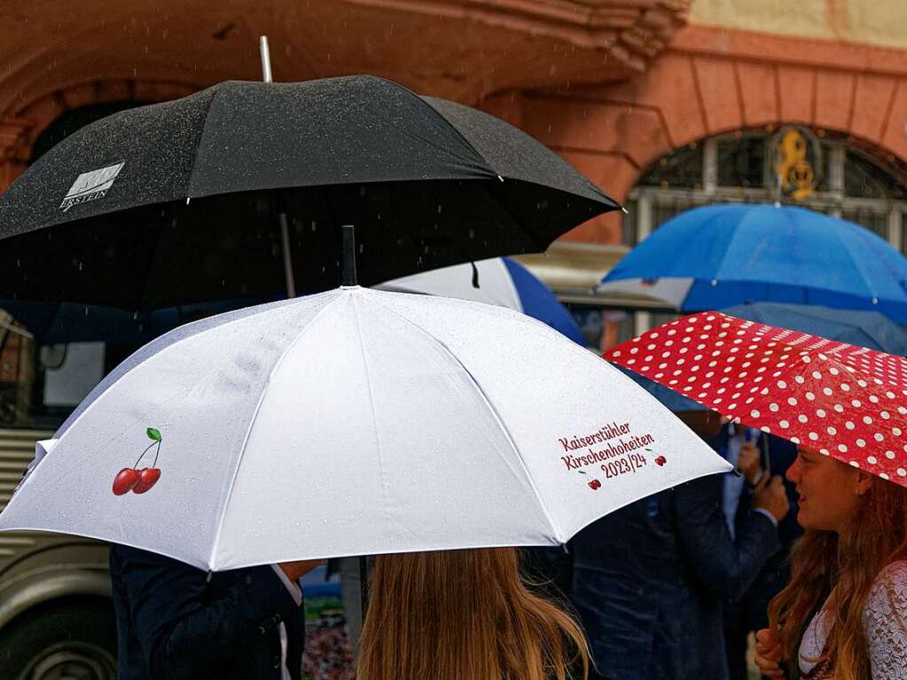 Gut beschirmt: Pnktlich zur Erffnung der Leistungsschau "Endingen zeigt Flagge" setzte am Samstag der Regen ein