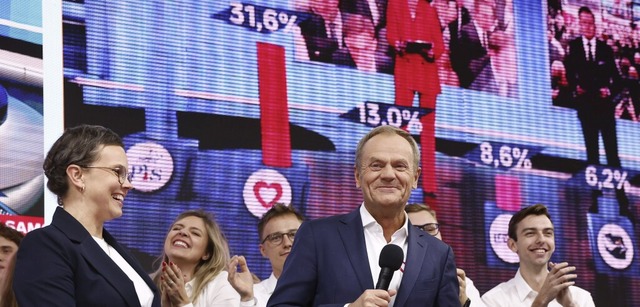 Donald Tusk am Wahlabend in Warschau: ...er einen zweiten Platz gefreut!&#8220;  | Foto: IMAGO/Jacek Szydlowski / Forum