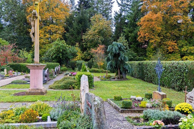 Das Rasenfeld vor der grnen  Hecke de...riedhofs soll eine Urnenwand bekommen.  | Foto: Hubert Gemmert